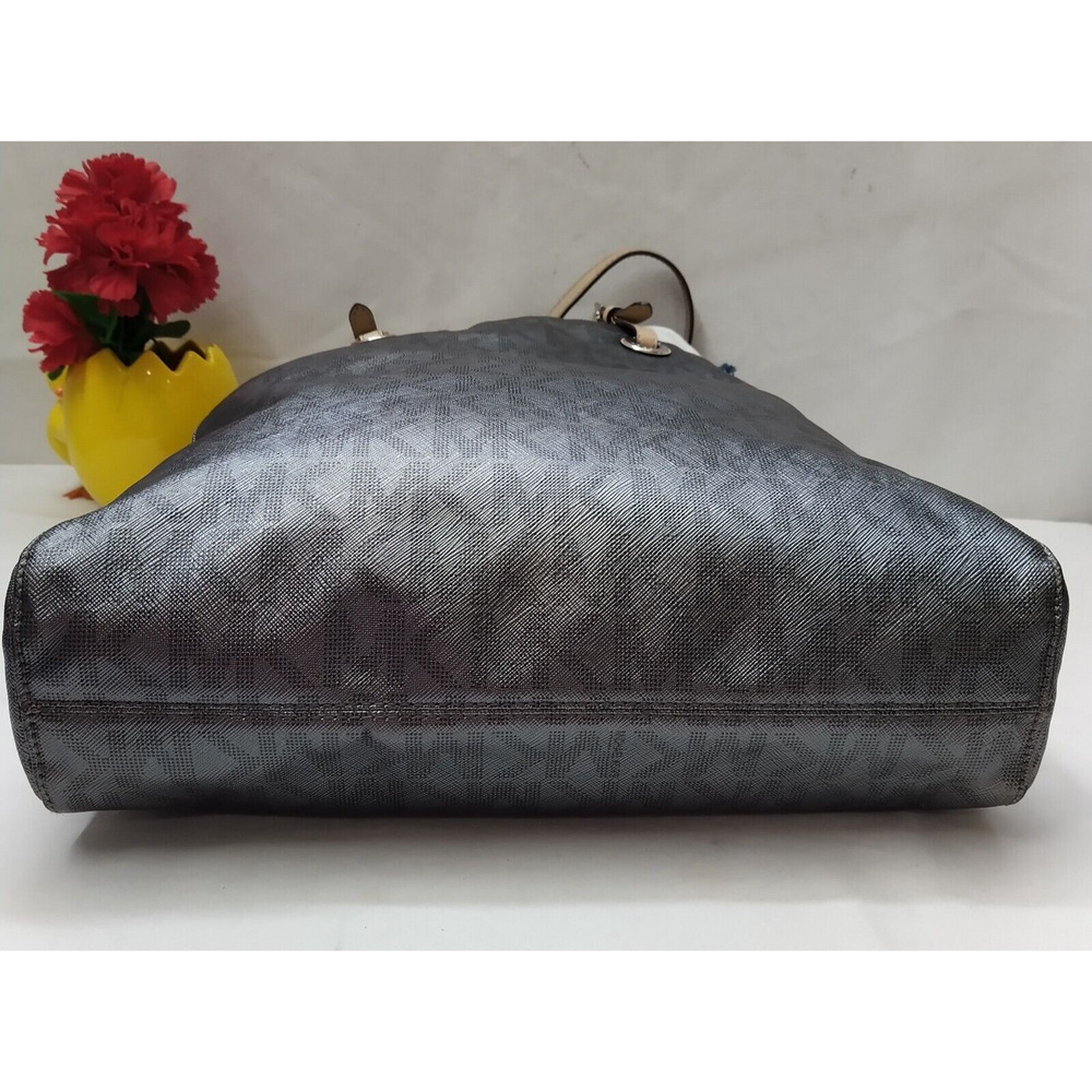 Michael Kors Jet Set Gray Leather MK Printed Double Handles Tote Shoulder Bag - Picture 7 of 16